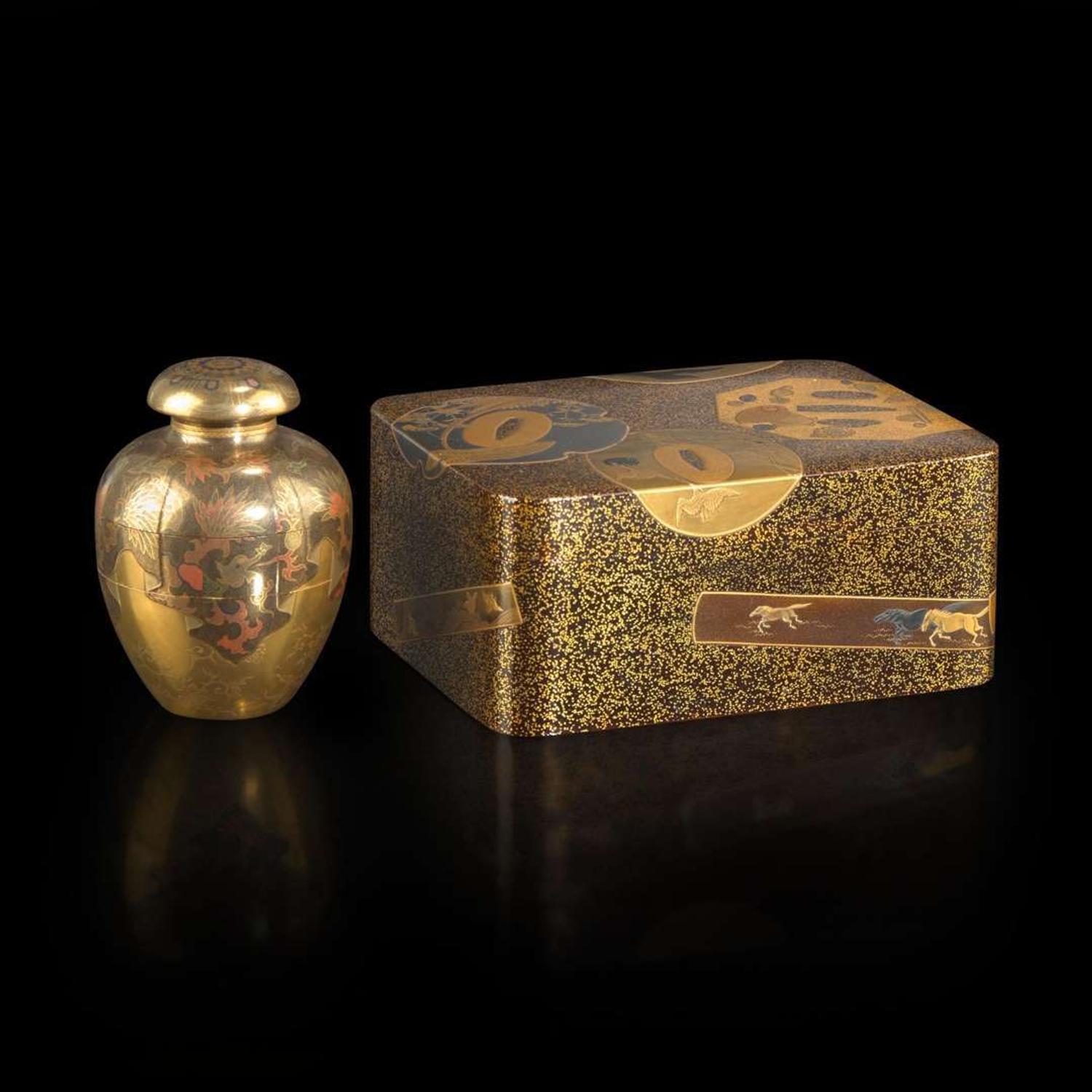 A small Japanese lacquer urn-form sectional box and a box decorated with tsuba 日本漆盒两件 Meiji to Taisho period ?????