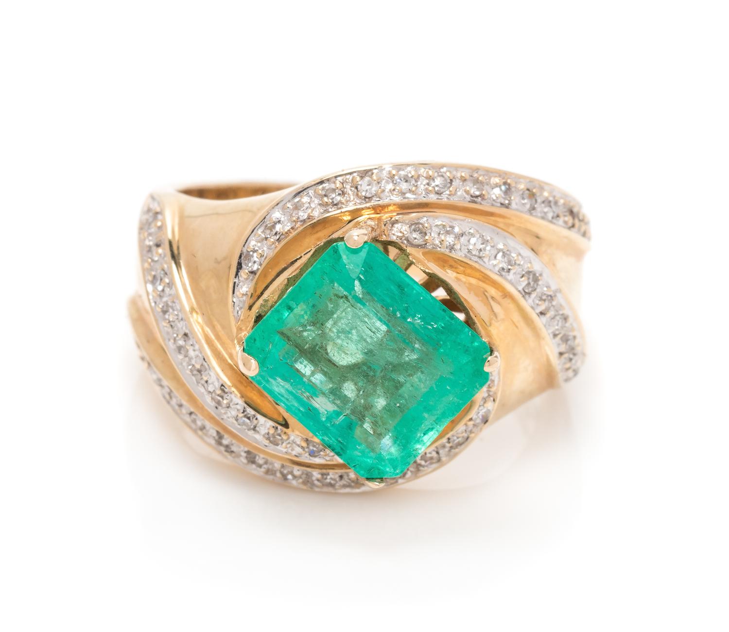 A 14 Karat Yellow Gold, Emerald and Diamond Ring,