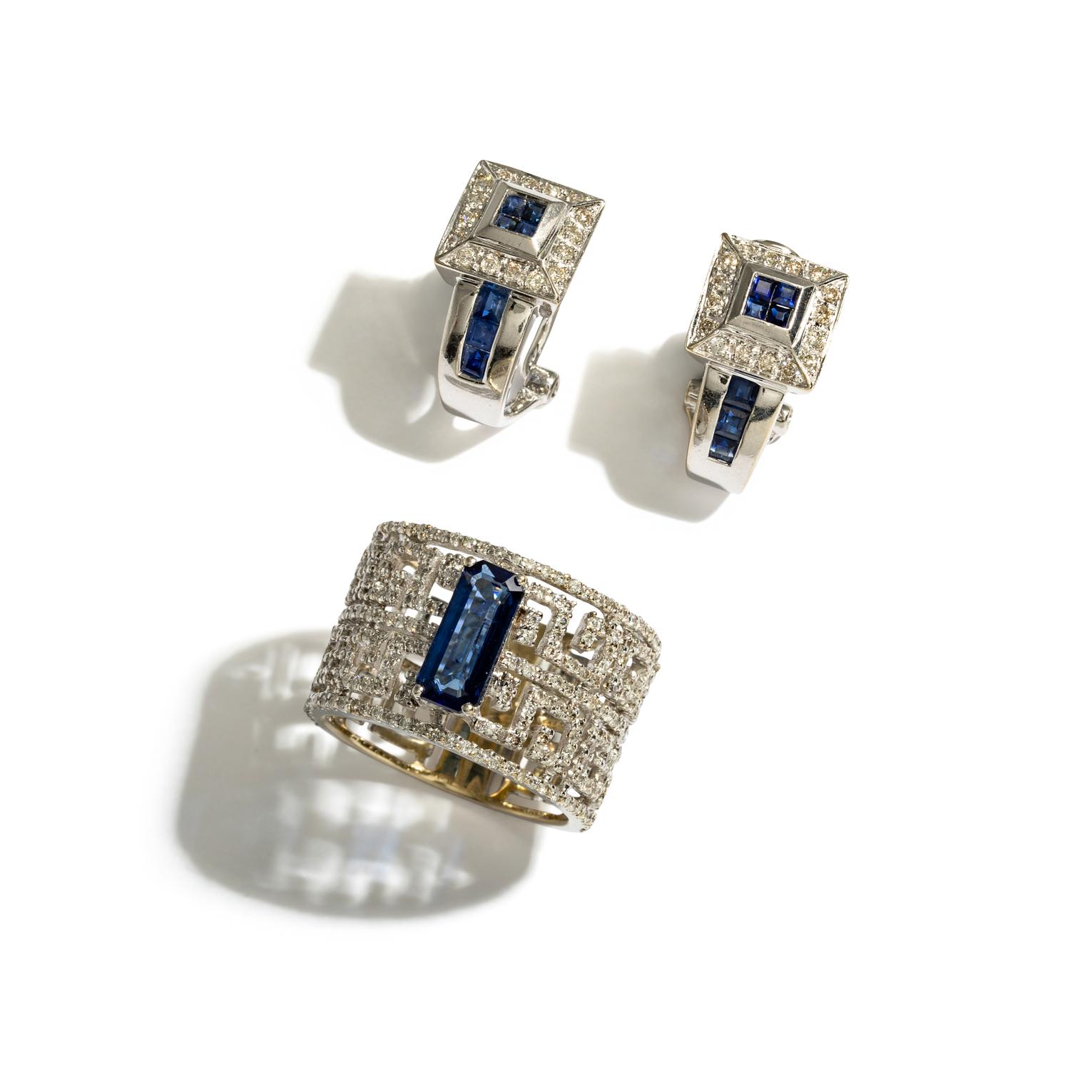WHITE GOLD, SAPPHIRE, AND DIAMOND RING AND EARRINGS