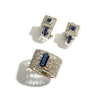WHITE GOLD, SAPPHIRE, AND DIAMOND RING AND EARRINGS