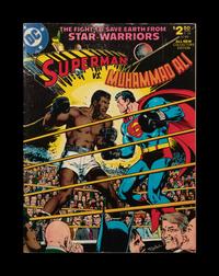 A Group of Five Muhammad Ali On Site Boxing Programs, Press Badge, Ticket and One Superman D.C. Comic Book,