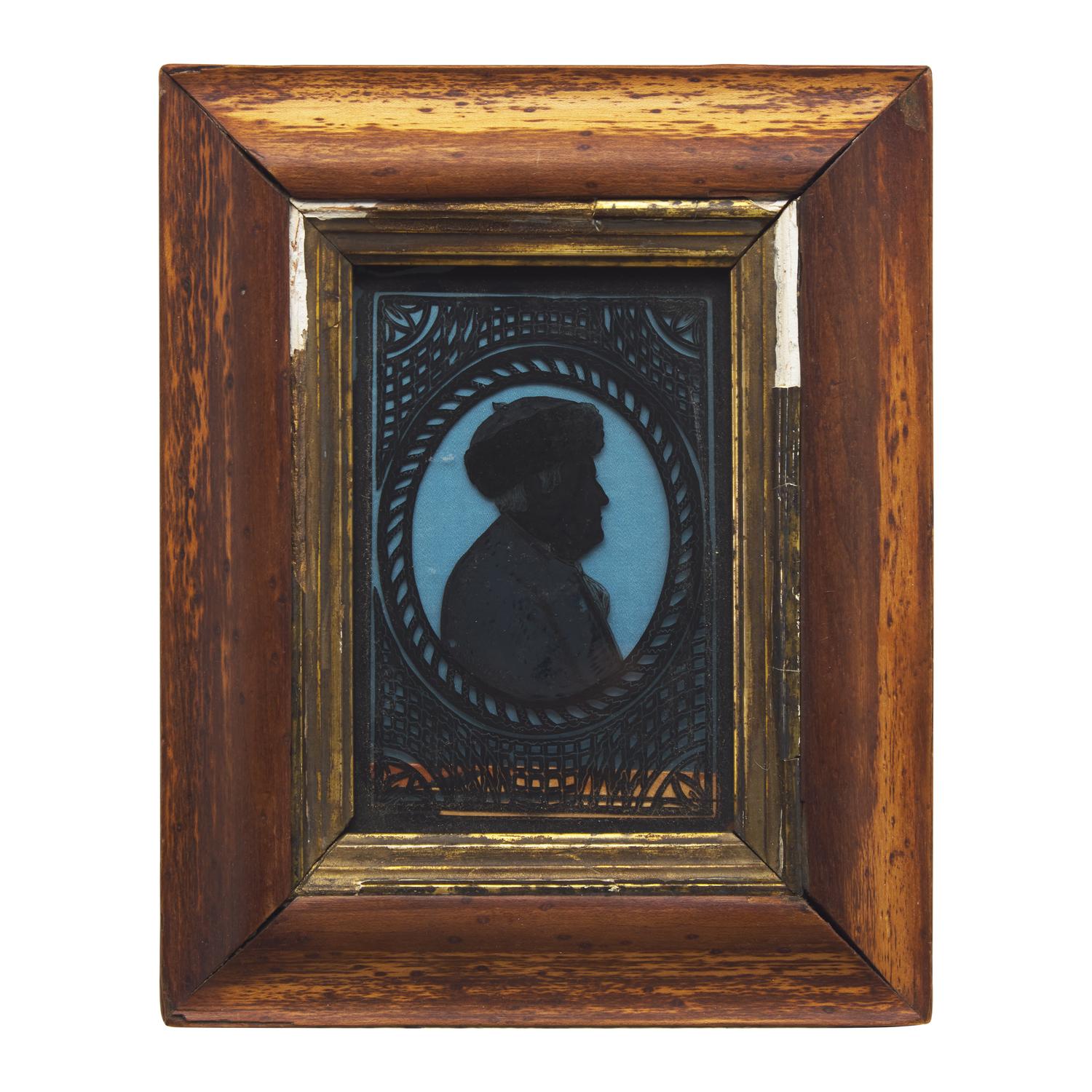 American School 19th Century, A Miniature Eglomise Silhouette Profile Portrait of Benjamin Franklin with Fur Cap