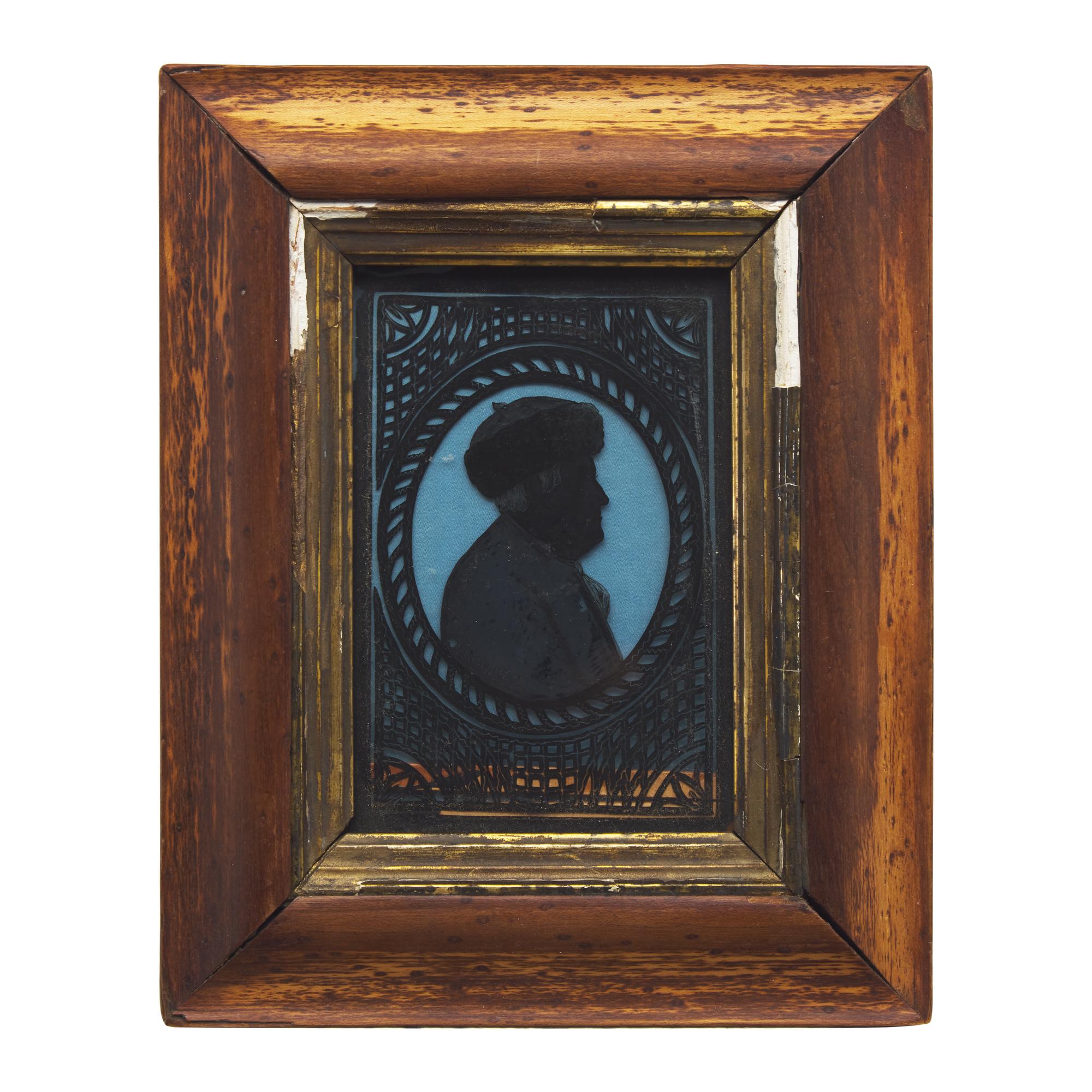 American School 19th Century, A Miniature Eglomise Silhouette Profile Portrait of Benjamin Franklin with Fur Cap