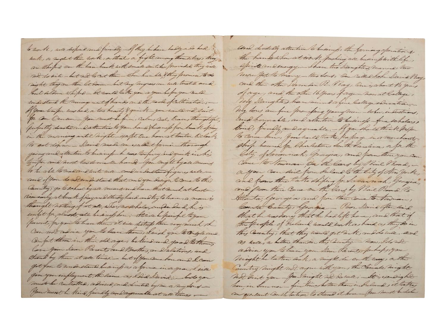 [SLAVERY & ABOLITION]. RAY, John (1792-1868). Autograph letter signed ("John Ray"), as Uncle to "William." Newnan, Coweta County, GA, 6 September 1860. 4 pages . Content on slavery and enslaved people.