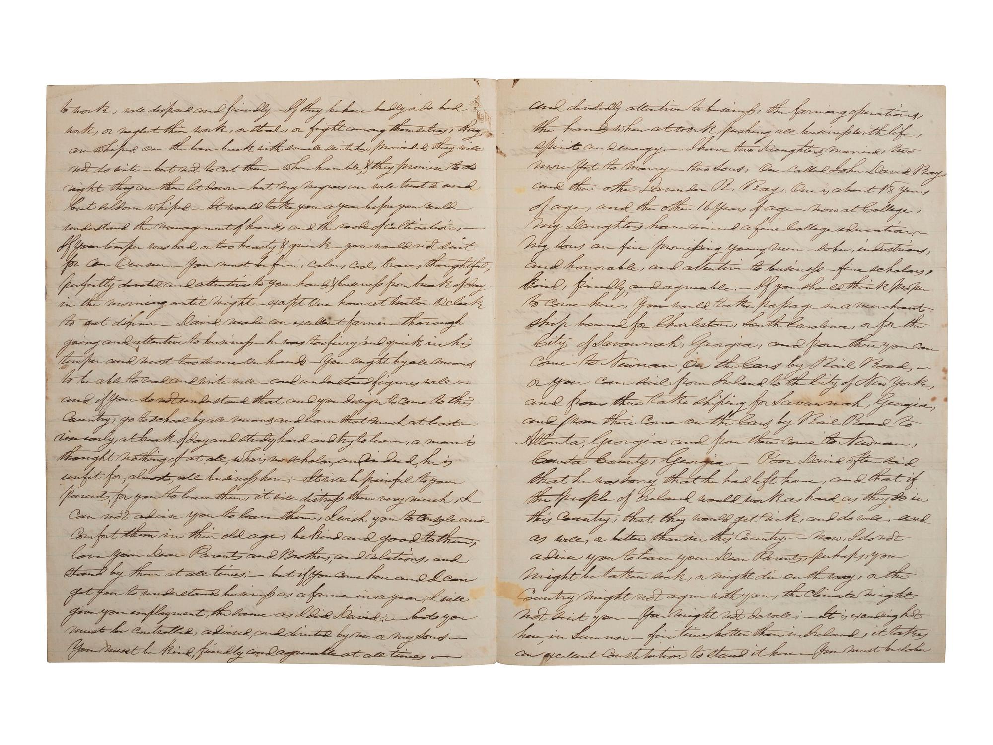 [SLAVERY & ABOLITION]. RAY, John (1792-1868). Autograph letter signed ("John Ray"), as Uncle to "William." Newnan, Coweta County, GA, 6 September 1860. 4 pages . Content on slavery and enslaved people.