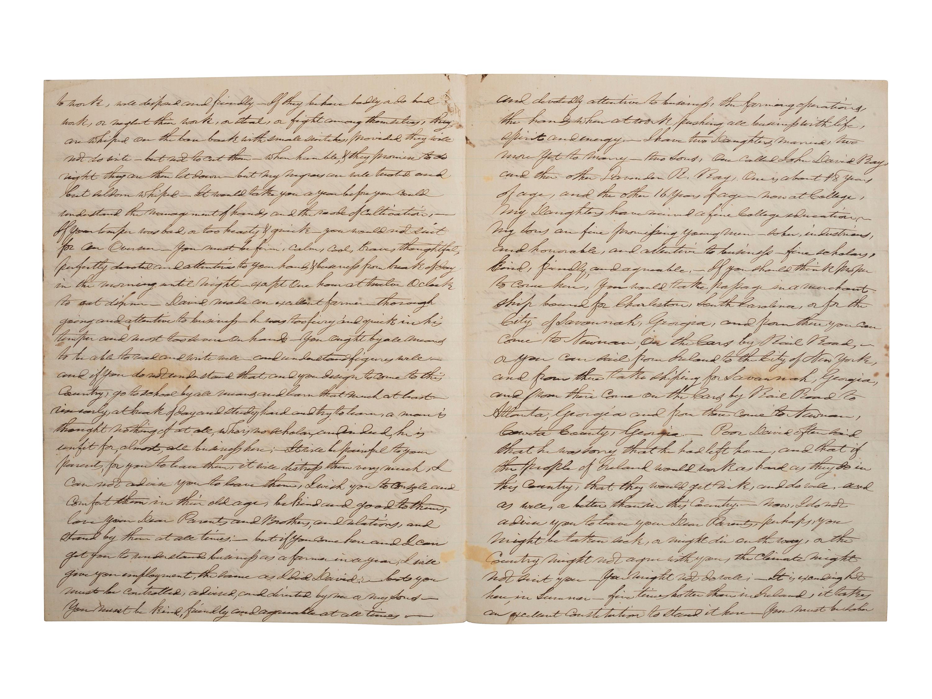 [SLAVERY & ABOLITION]. RAY, John (1792-1868). Autograph letter signed ("John Ray"), as Uncle to "William." Newnan, Coweta County, GA, 6 September 1860. 4 pages . Content on slavery and enslaved people.