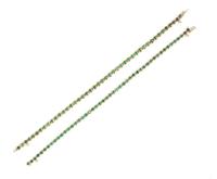 A Pair of 14 Karat Yellow Gold and Emerald Line Bracelets, 17.40 dwts.