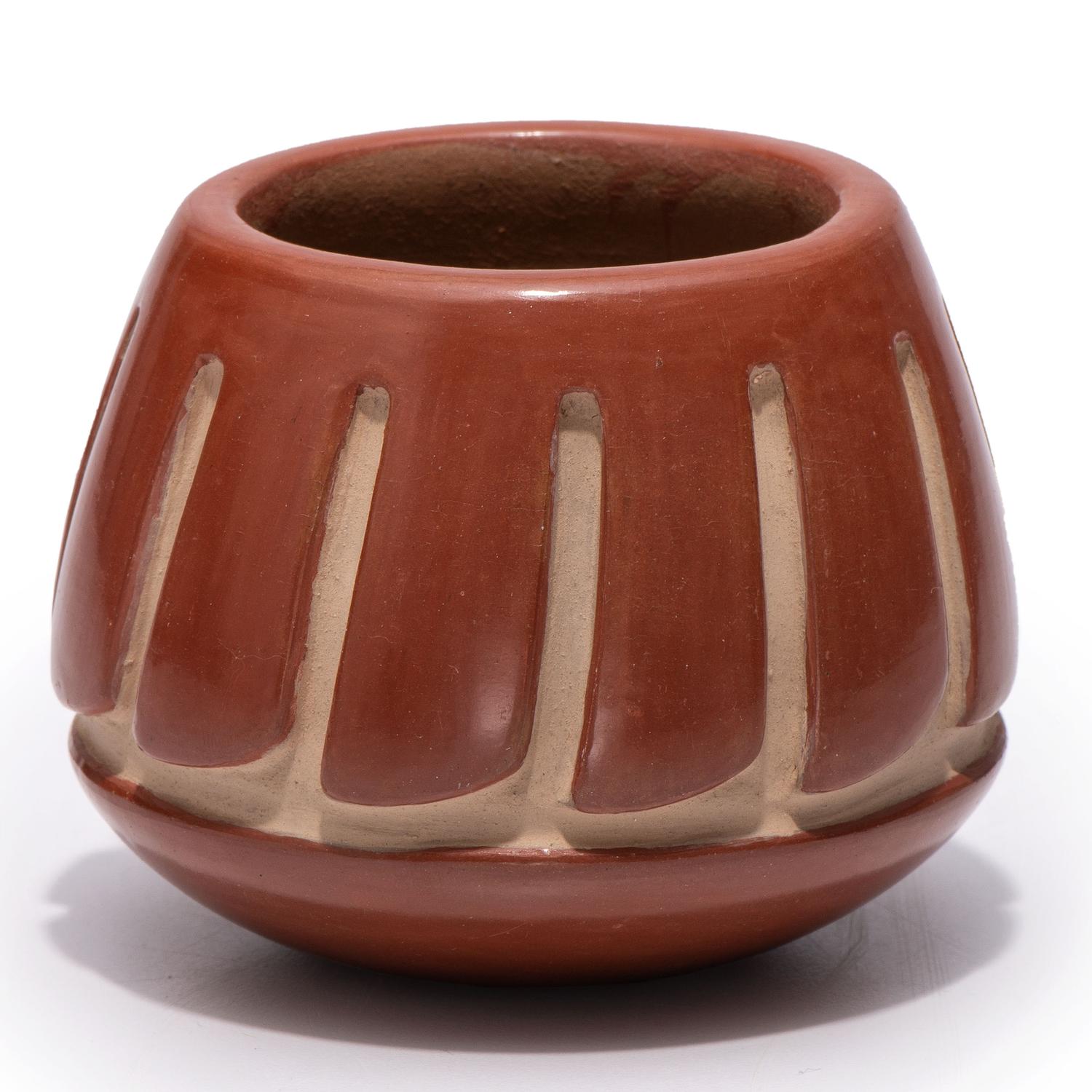 Carved Redware Jar, with Repeating Feather Design