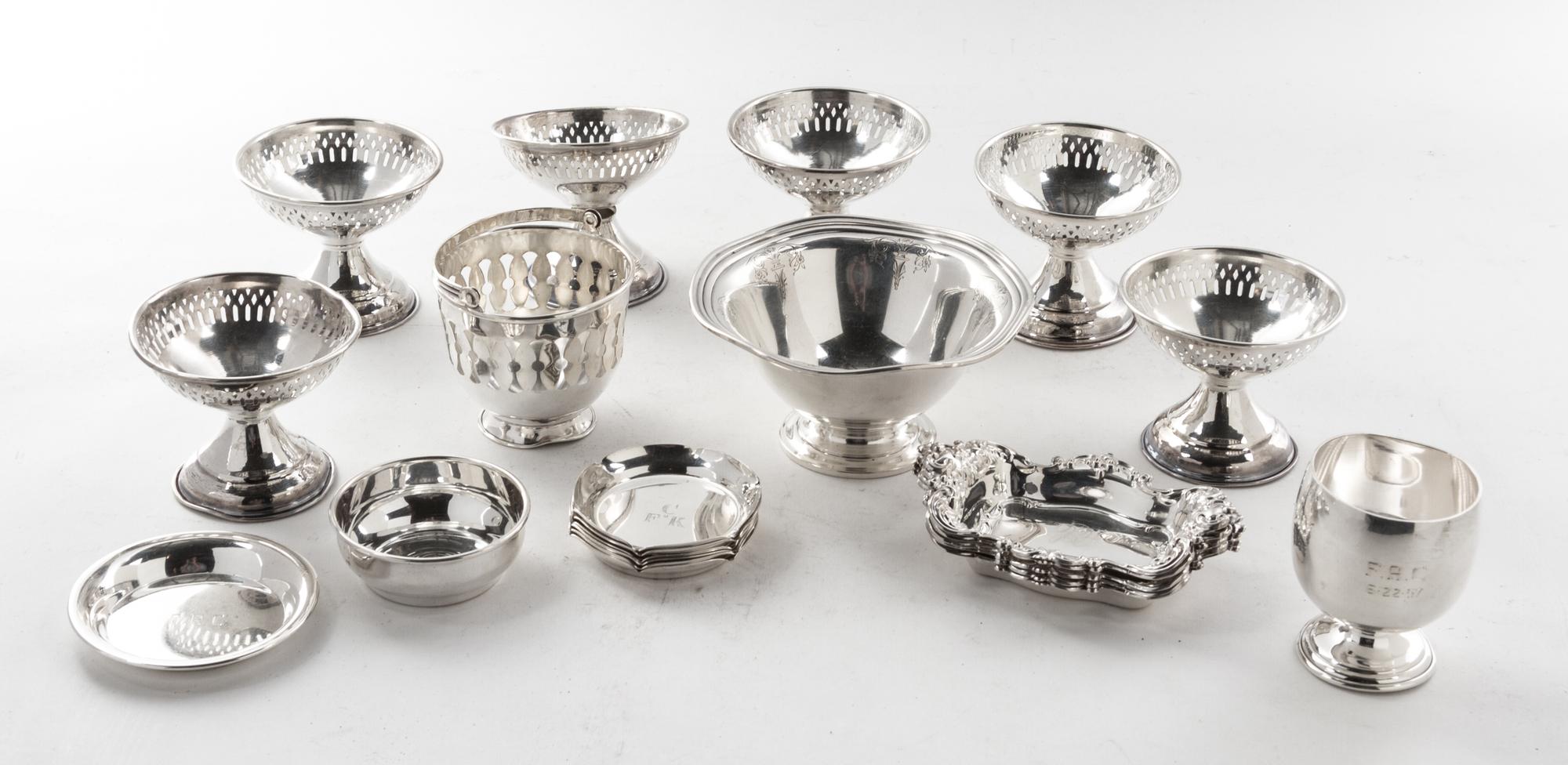 A Collection of American Silver Articles, of various makers, comprising 6 sorbets without liners, 5 nut dishes, 6 ash receivers and 4 o