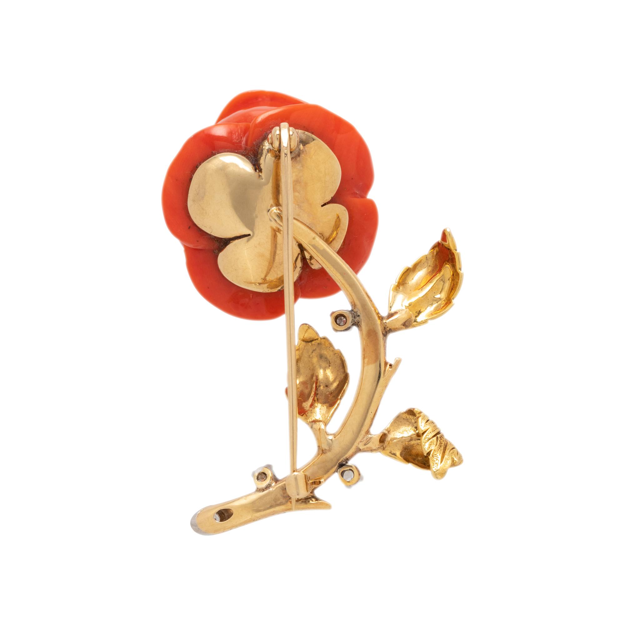 CORAL AND DIAMOND ROSE BROOCH