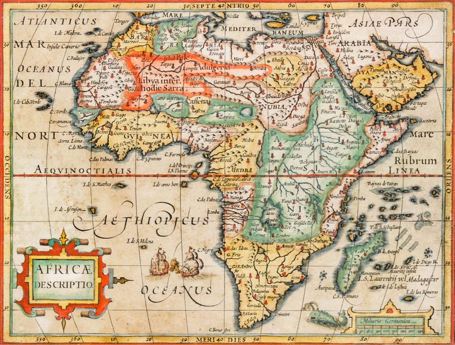 MAP Africae Descriptio. [Amsterdam]. Hand-colored engraved map of Africa. (7.75 x 8.75 inches) French text on verso.