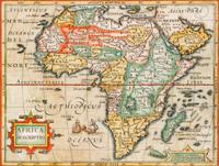 MAP Africae Descriptio. [Amsterdam]. Hand-colored engraved map of Africa. (7.75 x 8.75 inches) French text on verso.