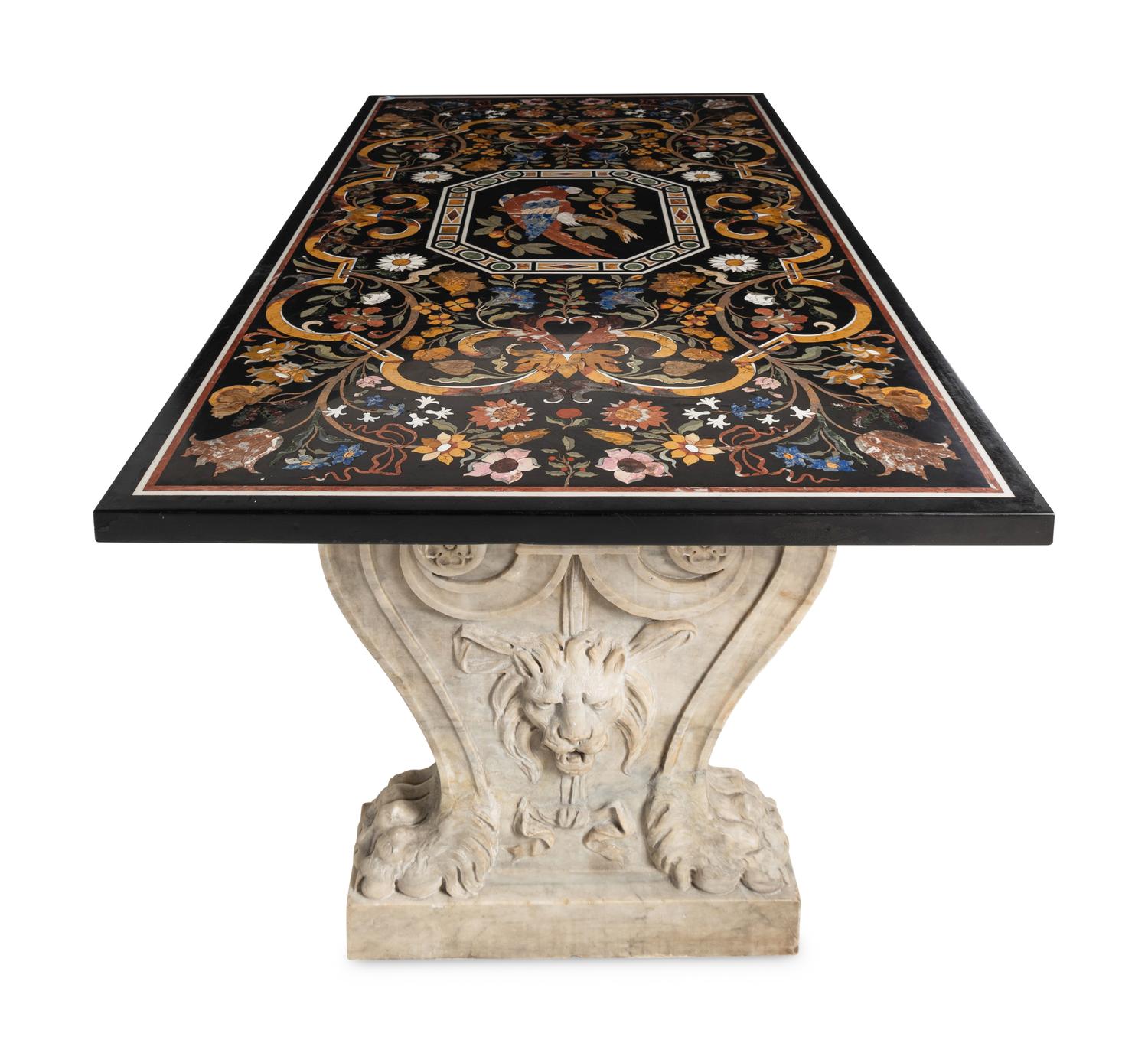 An Italian Pietra Dura Table Top and Pair of Italian Marble Volute Carved Supports