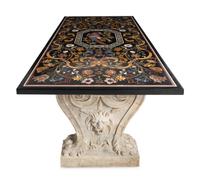 An Italian Pietra Dura Table Top and Pair of Italian Marble Volute Carved Supports