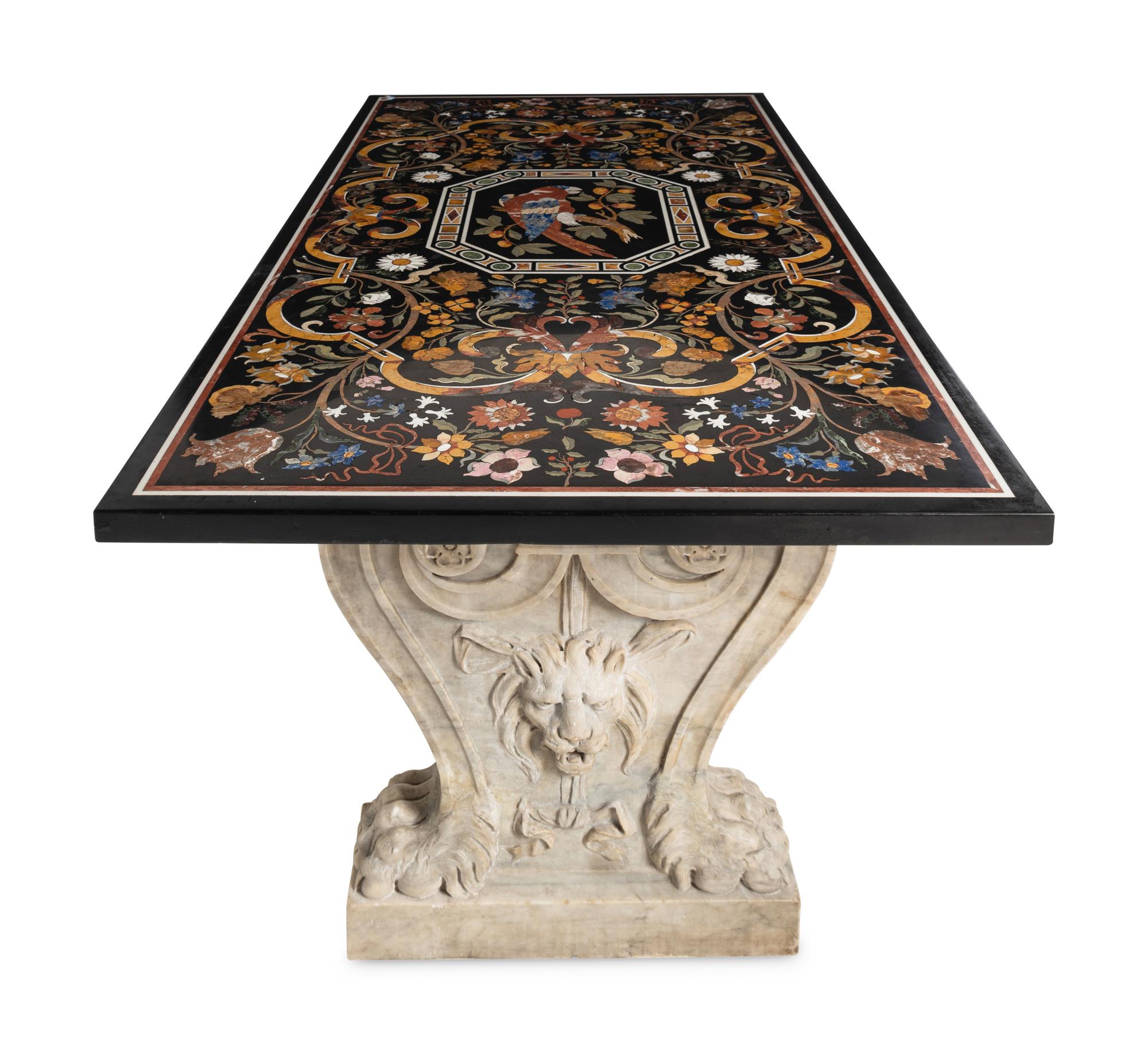 An Italian Pietra Dura Table Top and Pair of Italian Marble Volute Carved Supports
