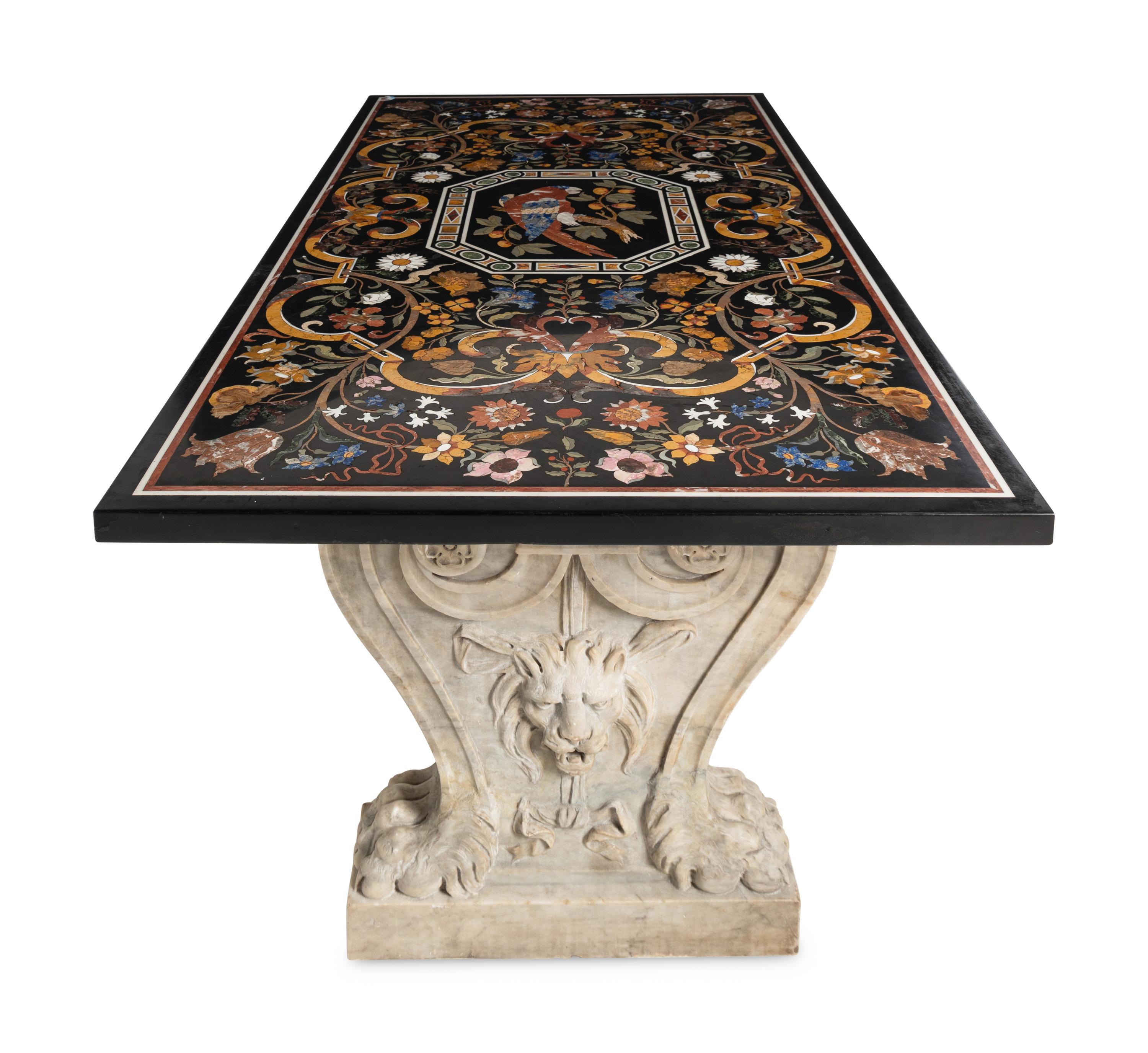 An Italian Pietra Dura Table Top and Pair of Italian Marble Volute Carved Supports