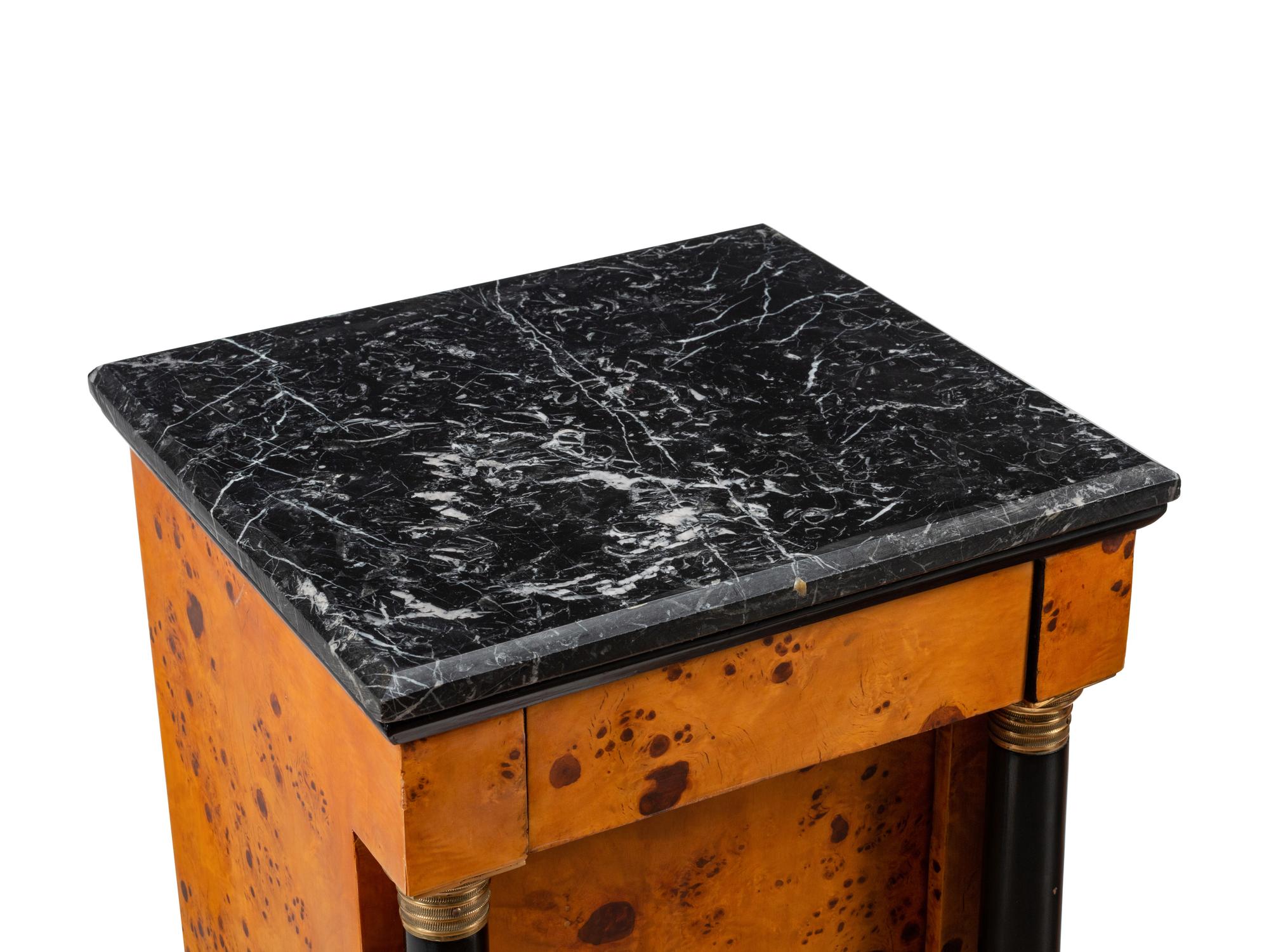A Pair of Empire Style Part-Ebonized Burlwood Marble-Top Side Cabinets