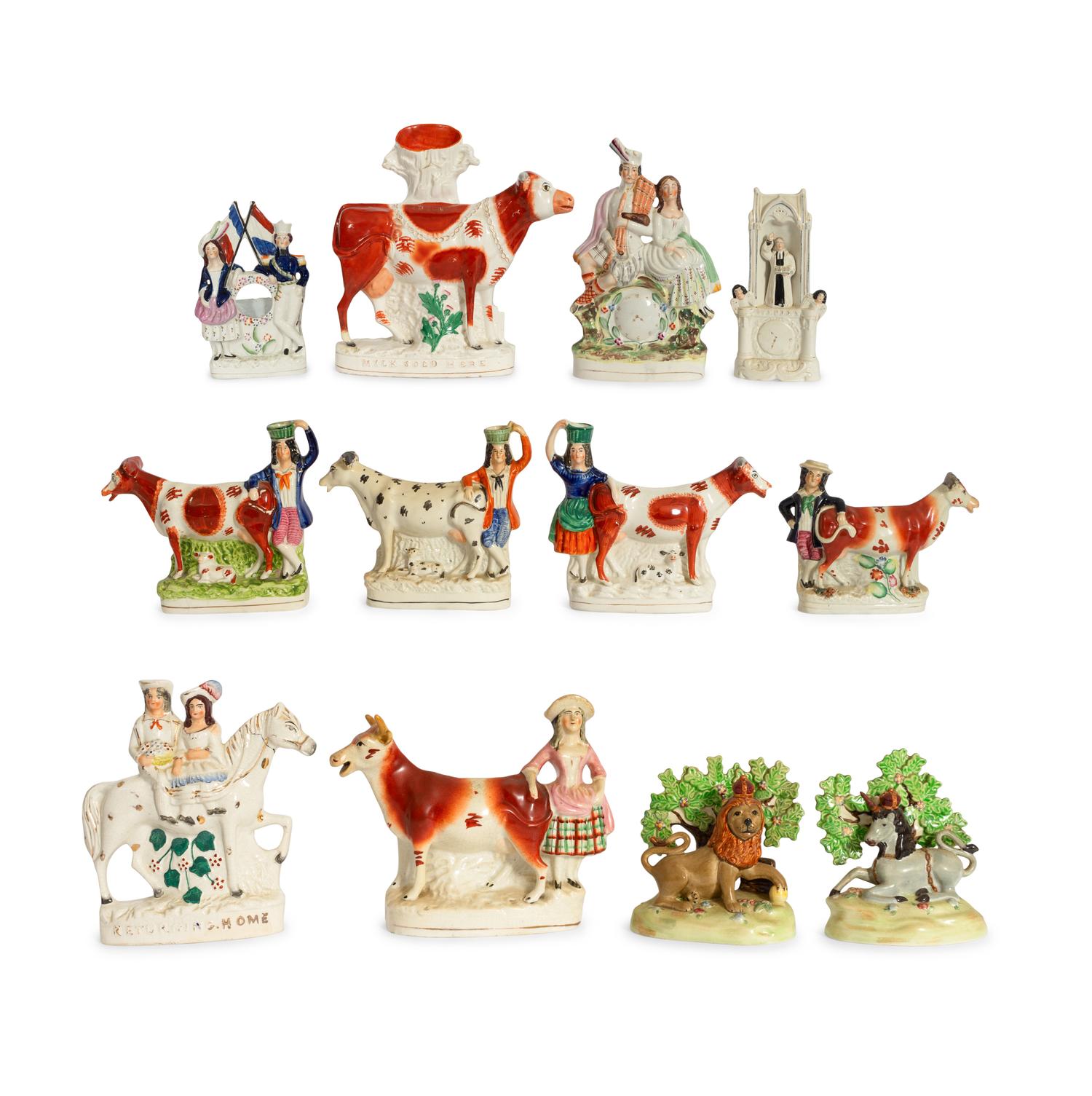 A Collection of Twelve Staffordshire Pottery Figures and Figural Wares