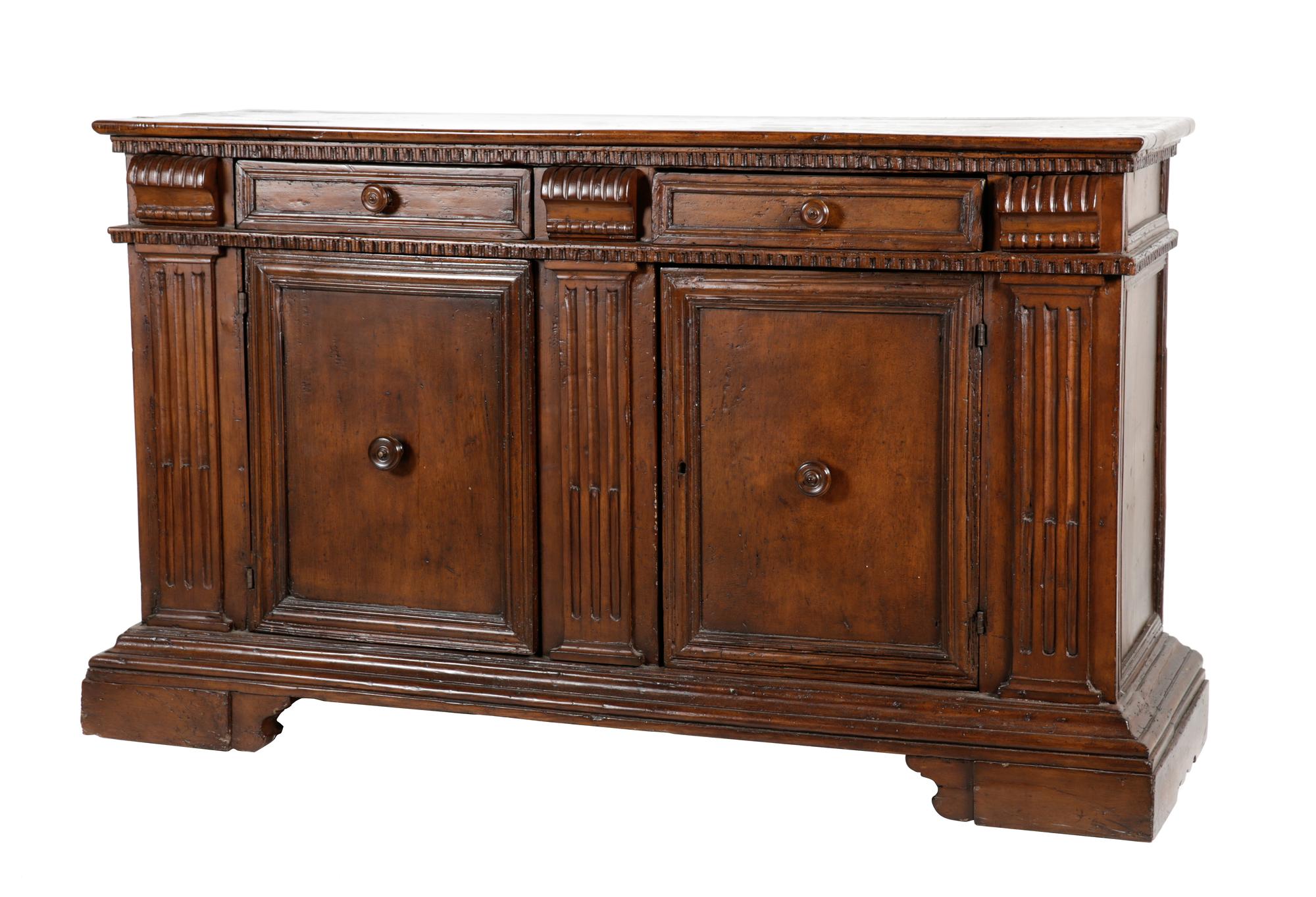 An Italian Walnut Server Height 40 1/2 x width 66 1/2 x depth 21 1/2 inches.