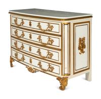 A Pair of Louis XIV Style Cream-Painted and Gilt Bronze Mounted Marble-Top Commodes