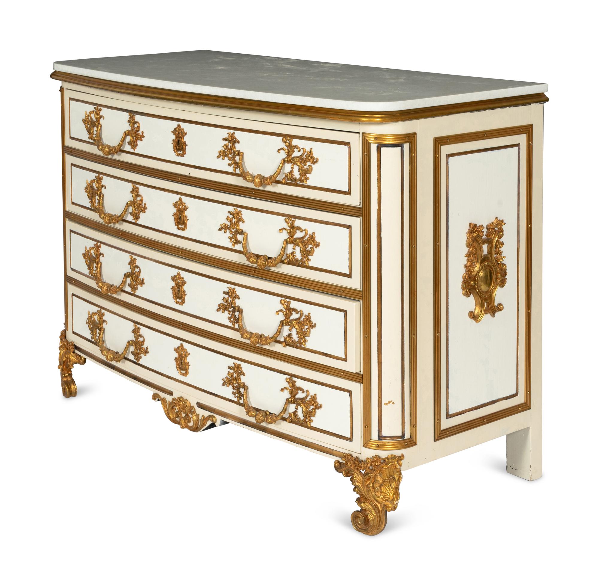 A Pair of Louis XIV Style Cream-Painted and Gilt Bronze Mounted Marble-Top Commodes