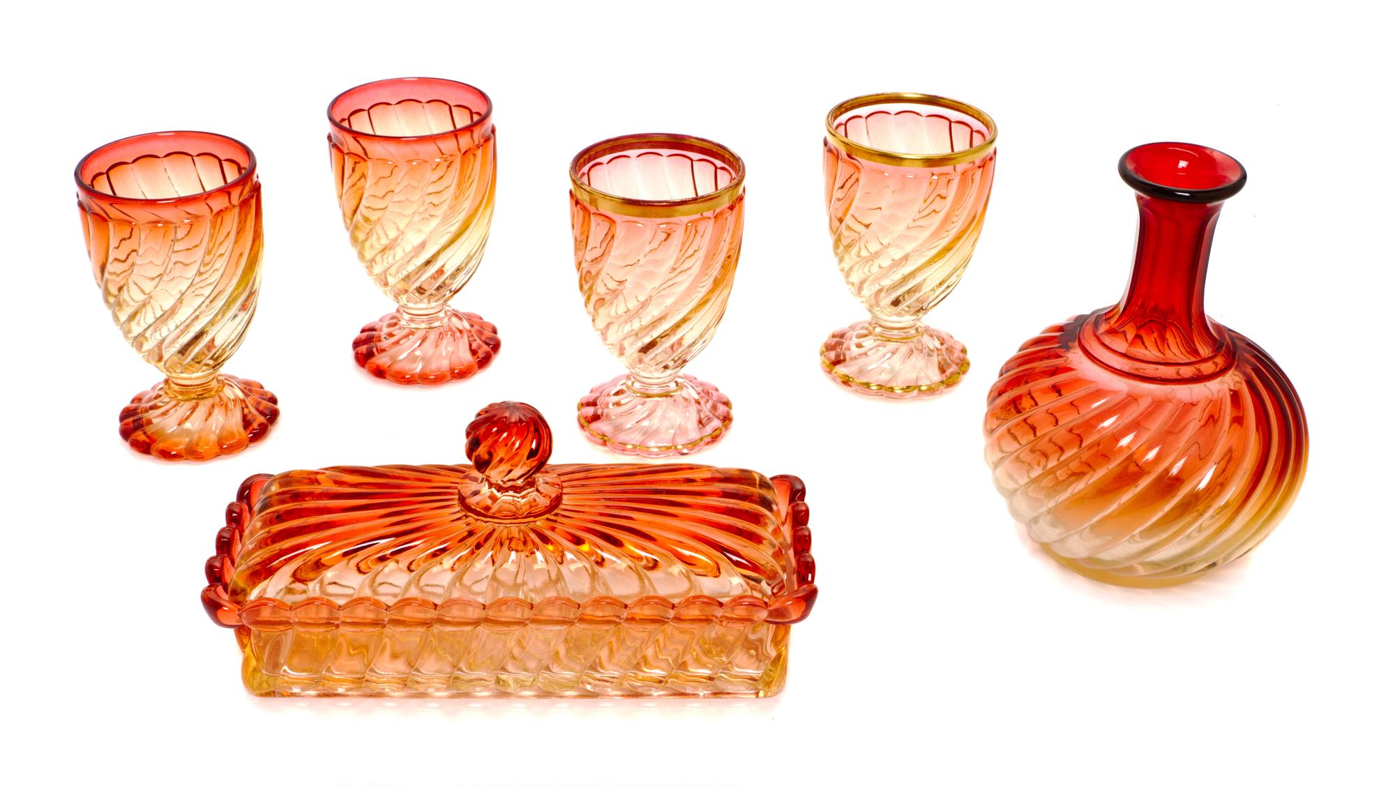 A Baccarat Molded Glass Rose Tiente Stemware Service, CIRCA 1940s, Height of glasses 5 1/4 inches. — CIRCA 1940s,