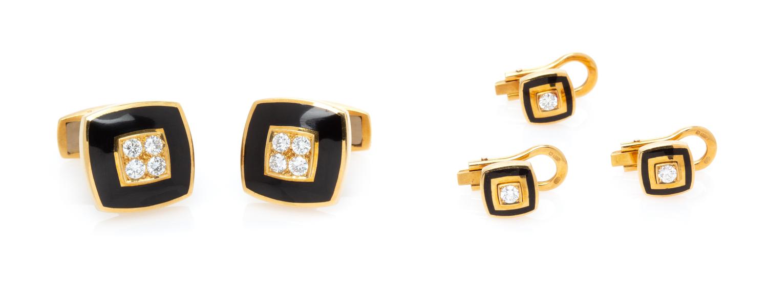 An 18 Karat Yellow Gold, Diamond and Enamel Dress Set, Leo de Vroomen, Circa 1986, 22.30 dwts.