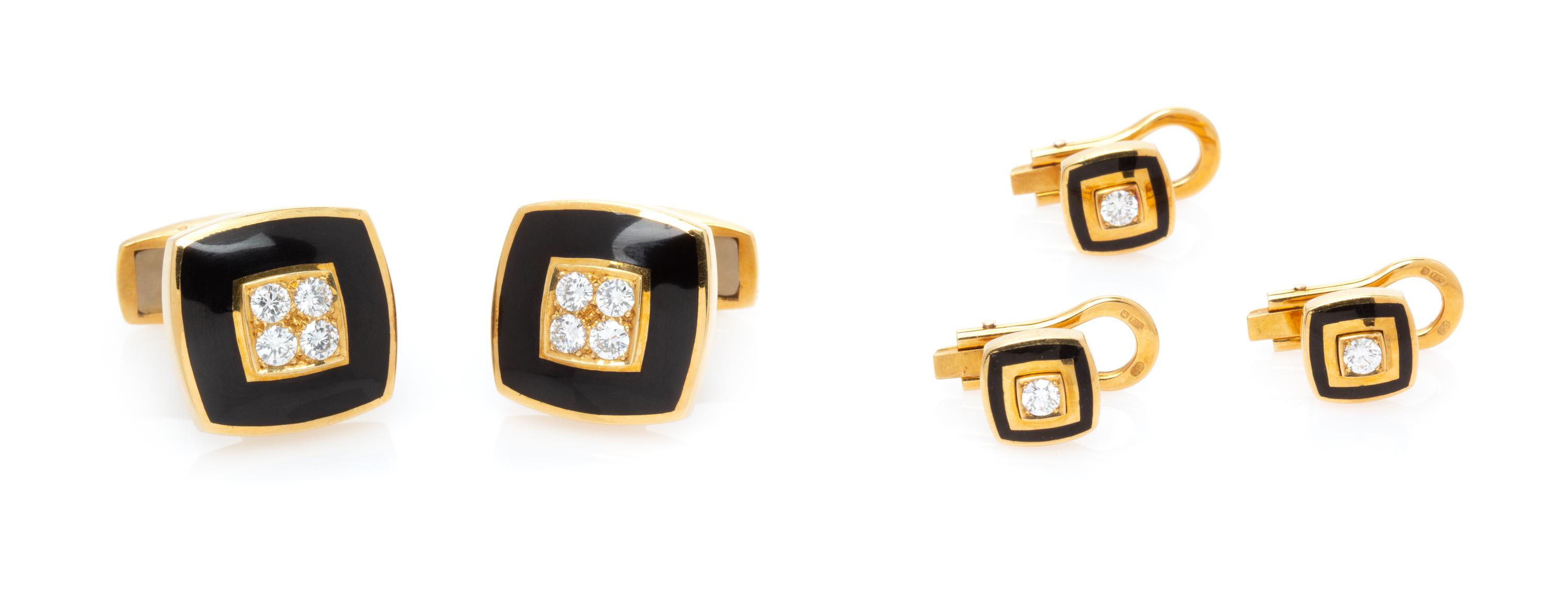 An 18 Karat Yellow Gold, Diamond and Enamel Dress Set, Leo de Vroomen, Circa 1986, 22.30 dwts.