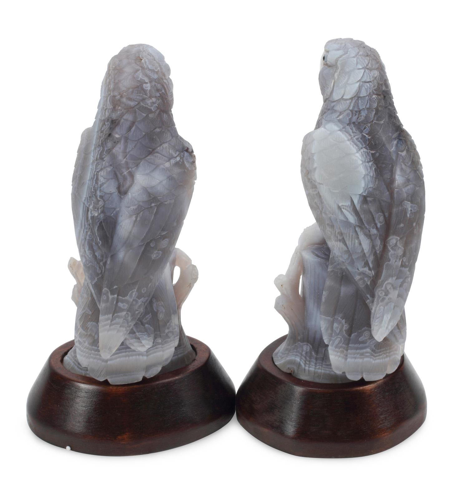 A Pair of Carved Hardstone Models of Parrots
