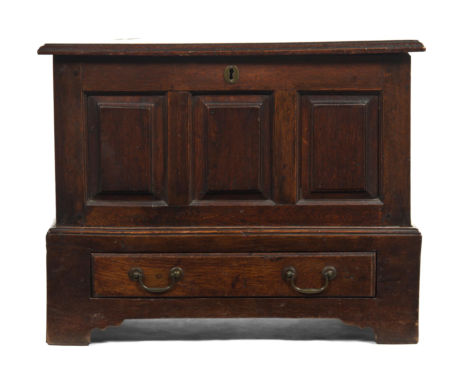 A George III Diminutive Oak Coffer, Height 19 1/4 x width 24 x depth 11 3/4 inches.