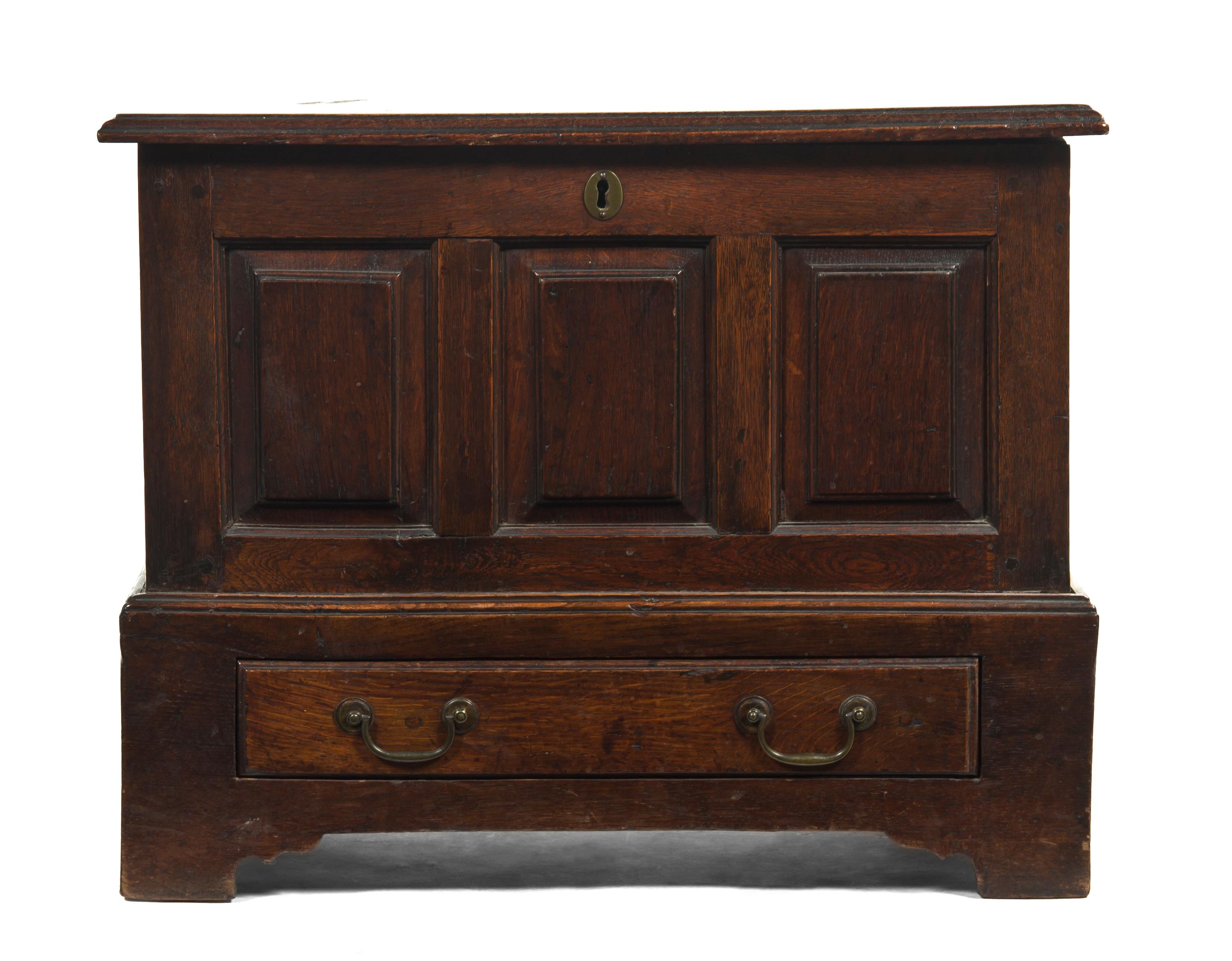 A George III Diminutive Oak Coffer, Height 19 1/4 x width 24 x depth 11 3/4 inches.