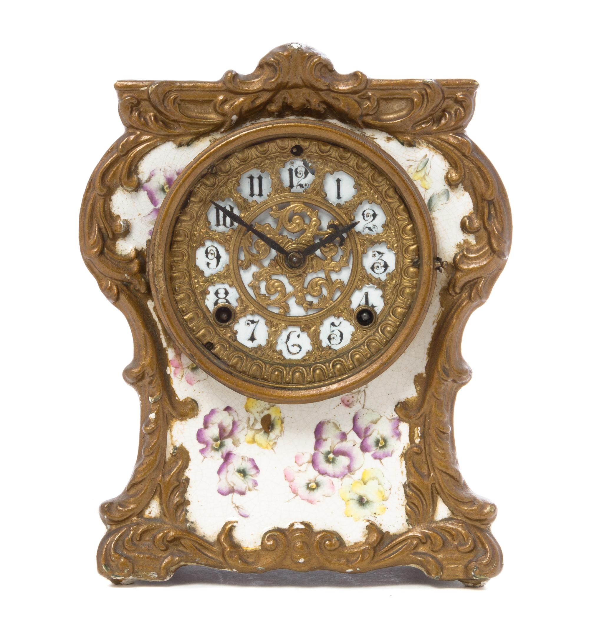 An Ansonia Porcelain Mounted Mantel Clock Height 10 1/2 inches.