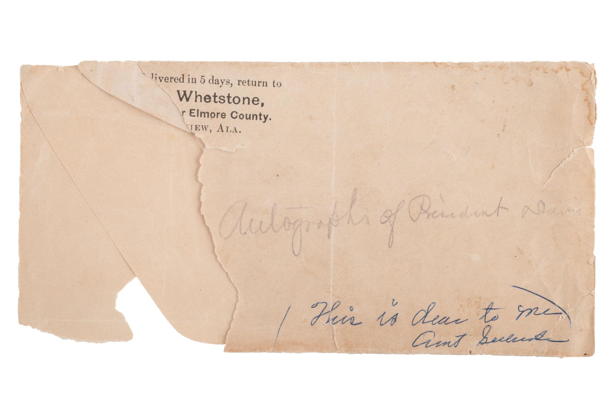 [CIVIL WAR]. DAVIS, Jefferson (1808-1889). Autographed card ("Jefferson Davis"). [ With: ] Silk ribbon created for the Re-Interment of the remains of Jefferson Davis.