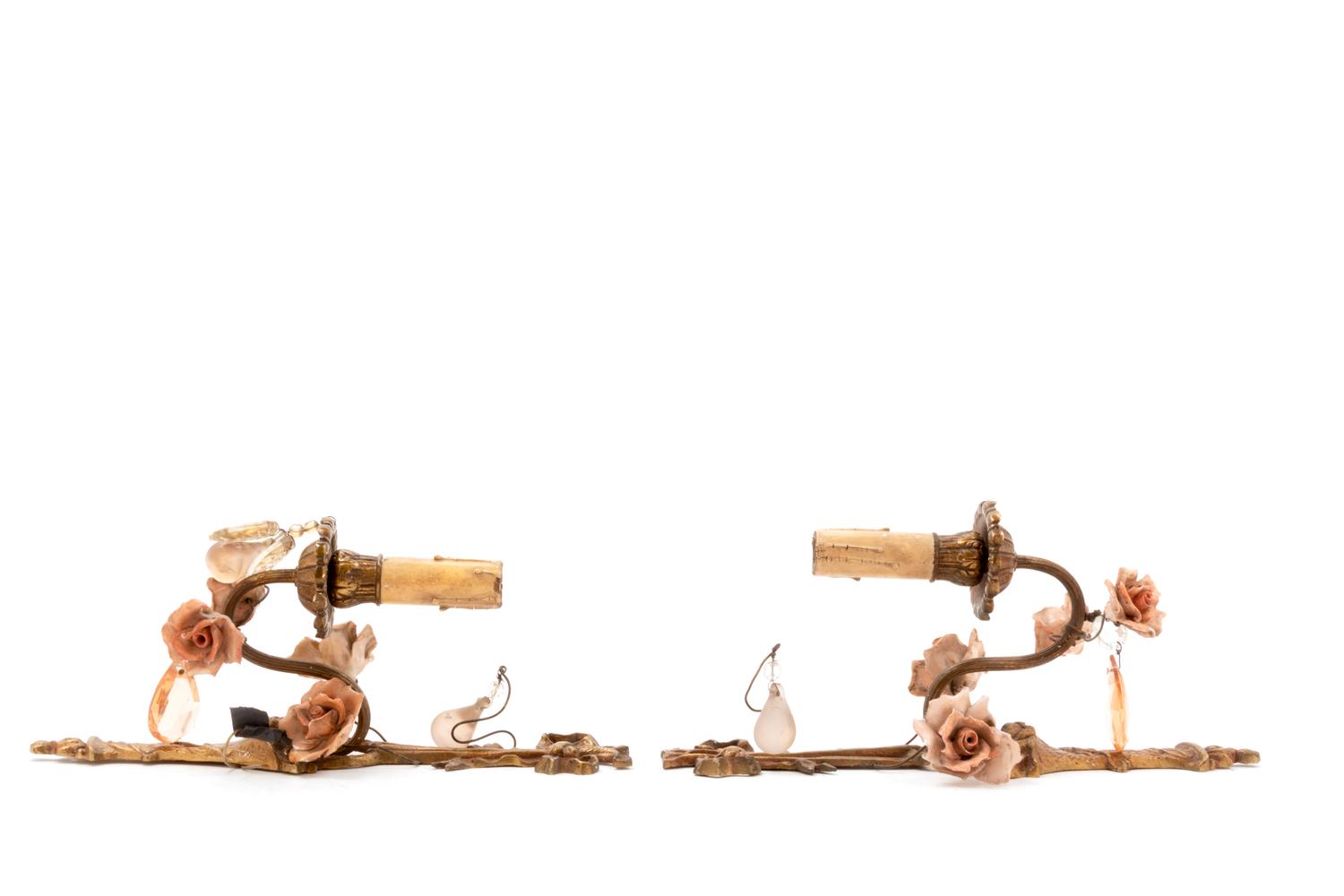 A Pair of Gilt Metal, Porcelain and Glass Single-Light Sconces