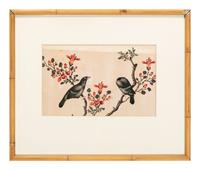 Seven Chinese Export Pith Paintings of Perched Birds and Flowers