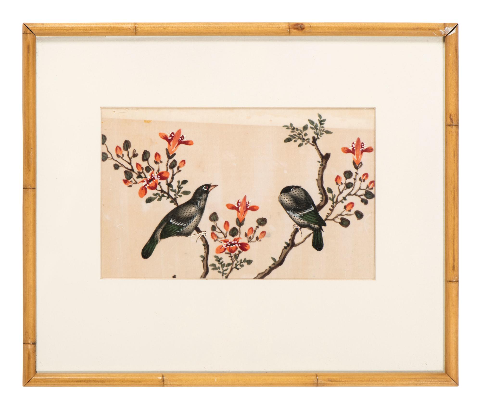 Seven Chinese Export Pith Paintings of Perched Birds and Flowers