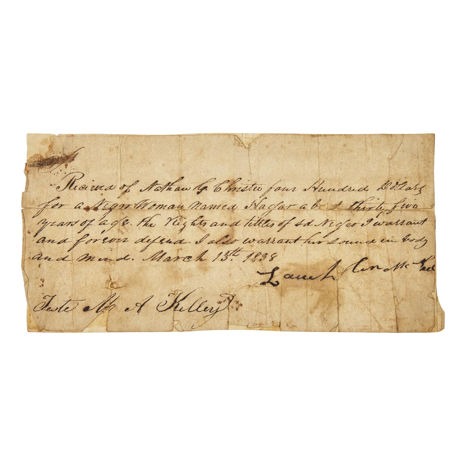[African Americana] [Enslavement] Manuscript Slave Receipt