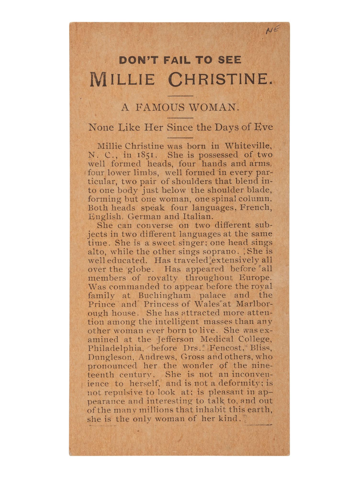 [MUSIC - McKOY, Millie and Christine (1851-1912)]. Printed card advertising performances by the "Carolina Twins" Millie and Christine.
