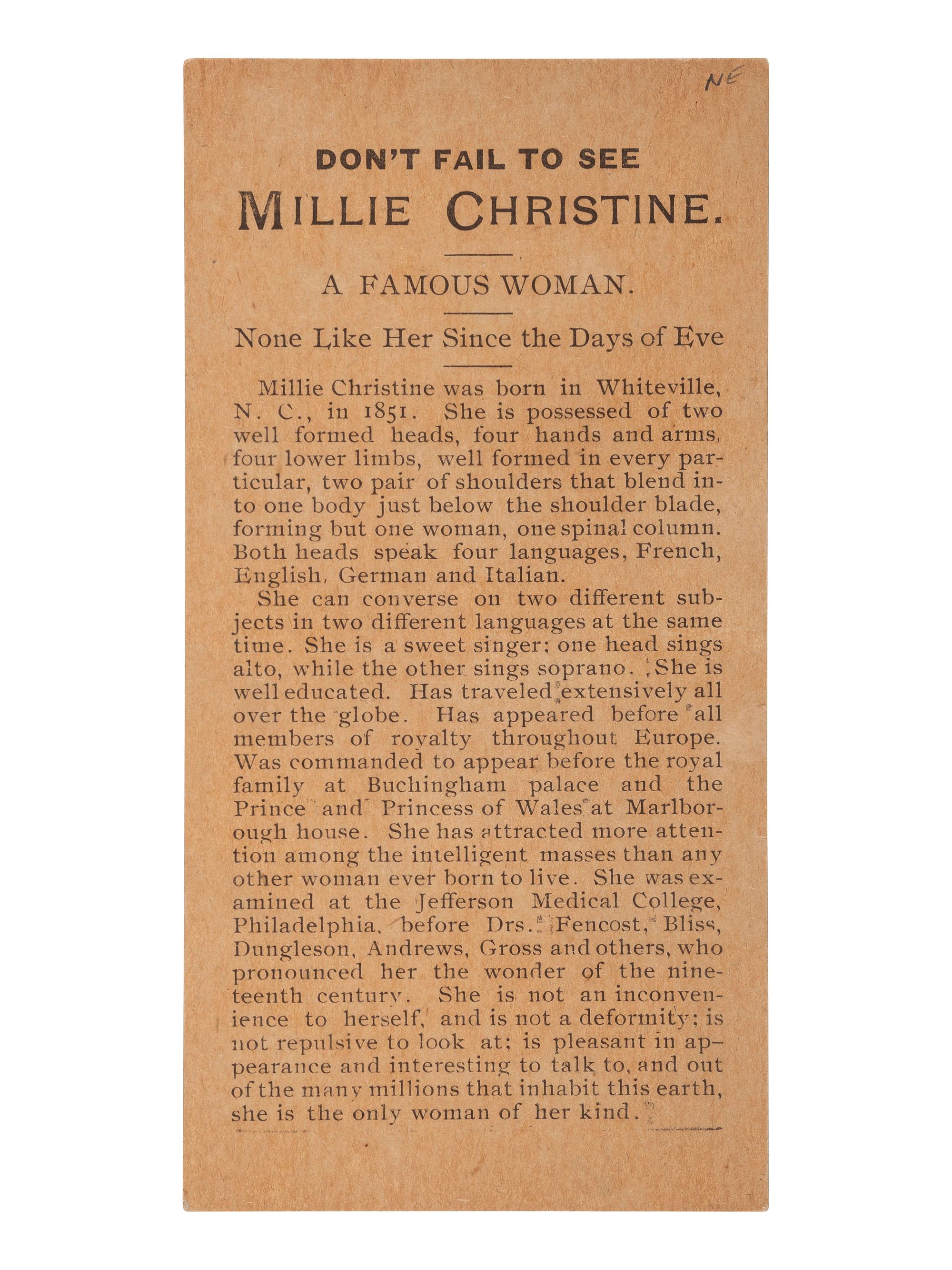 [MUSIC - McKOY, Millie and Christine (1851-1912)]. Printed card advertising performances by the "Carolina Twins" Millie and Christine.