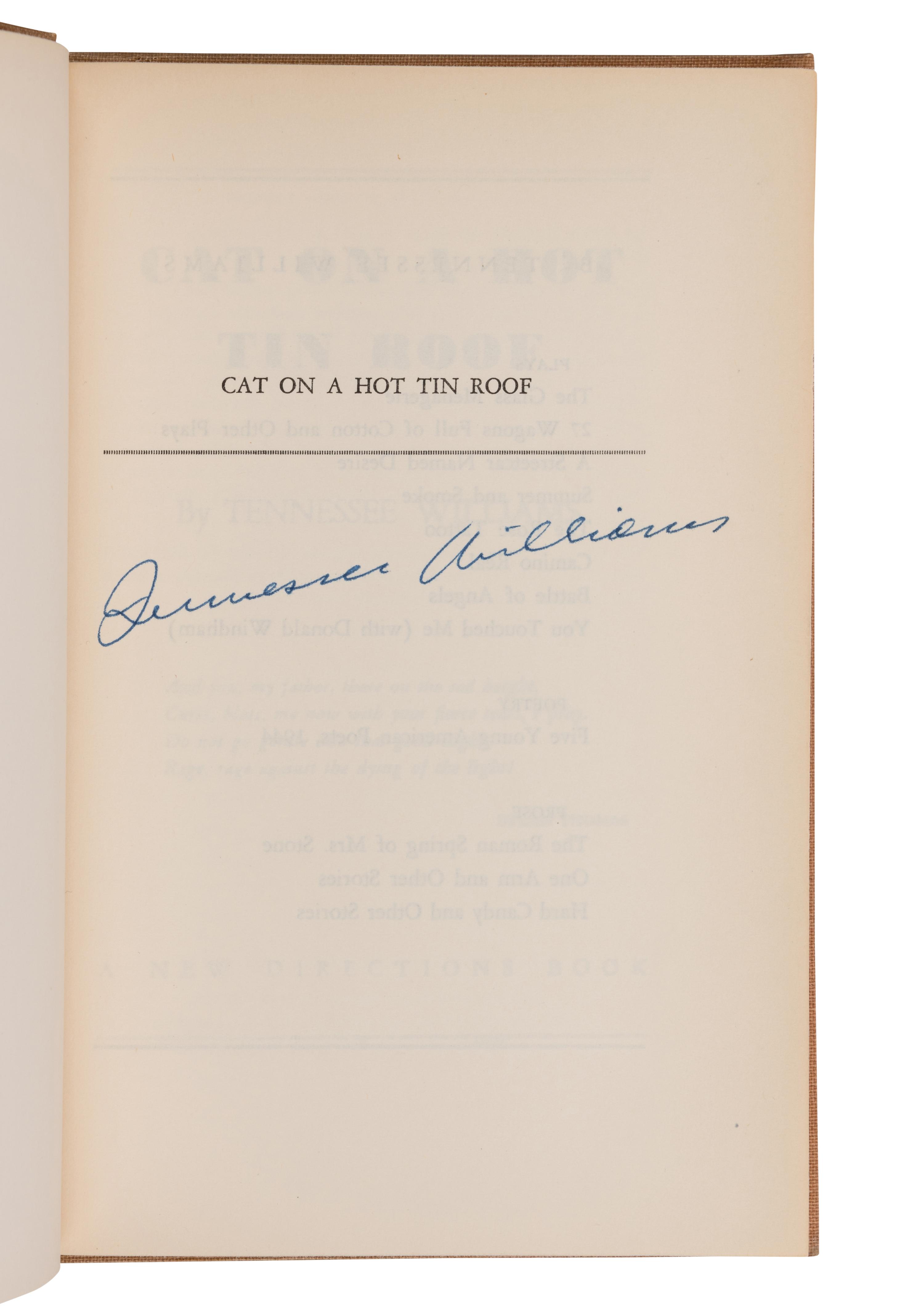 WILLIAMS, Tennessee (1911-1983). Cat on a Hot Tin Roof . New York: New Directions, 1955.