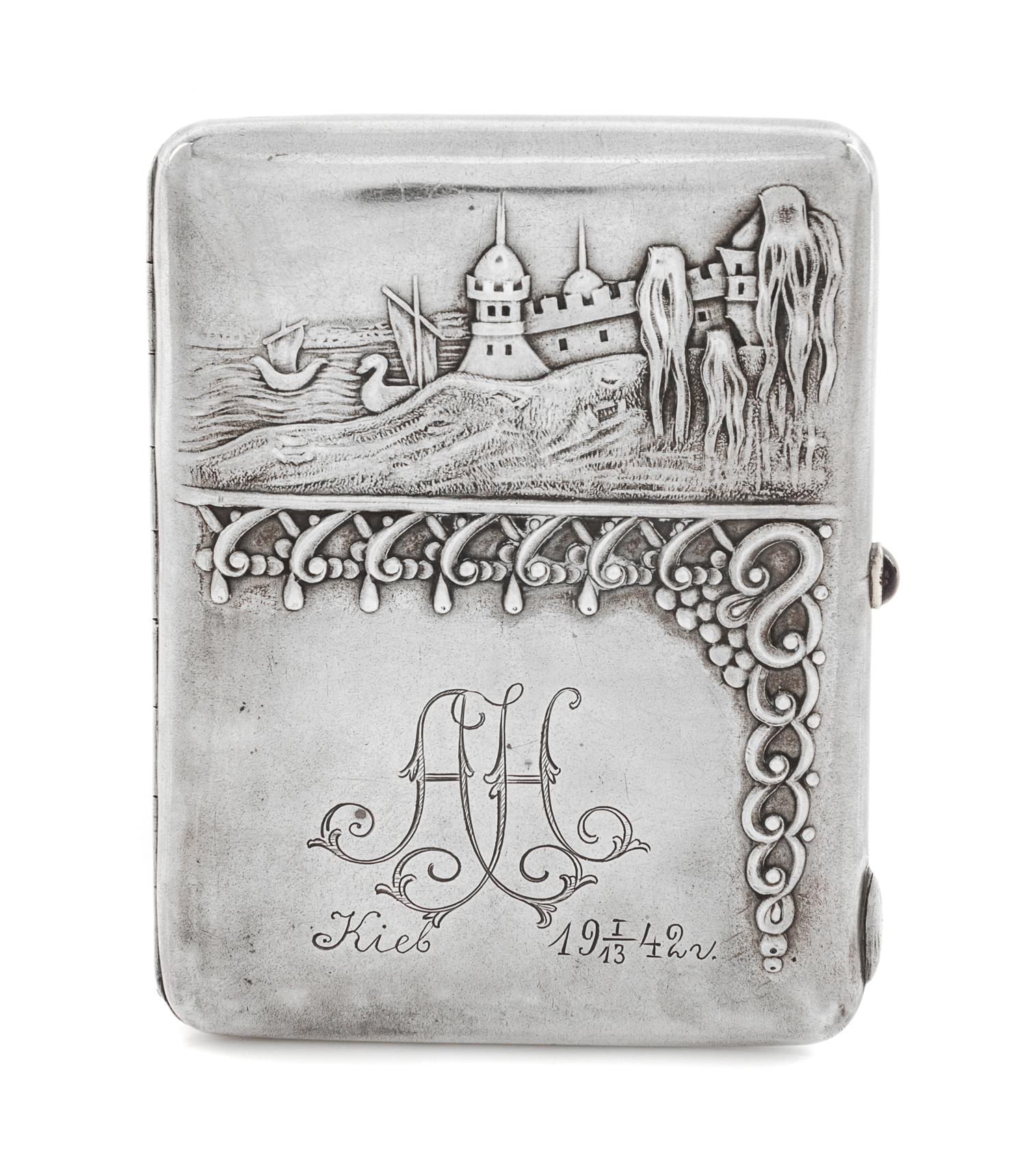 A Russian Silver Cigarette Case, Marker's mark Cyrilic GYe, Moscow, early 20th century, the lid with a raised depiction of a coastal fo
