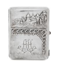 A Russian Silver Cigarette Case, Marker's mark Cyrilic GYe, Moscow, early 20th century, the lid with a raised depiction of a coastal fo