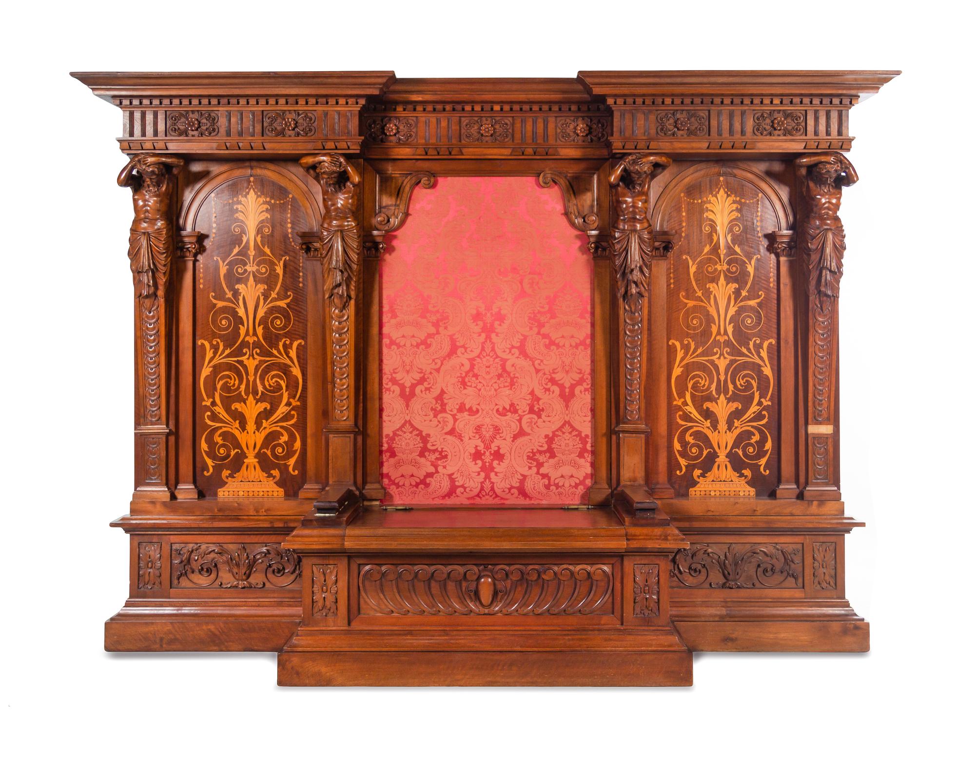 A Renaissance Revival Style Carved Walnut and Marquetry Hall Bench
