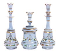 An Enameled Glass Three-Piece Dresser Set Height of bottles 9 1/2 inches.