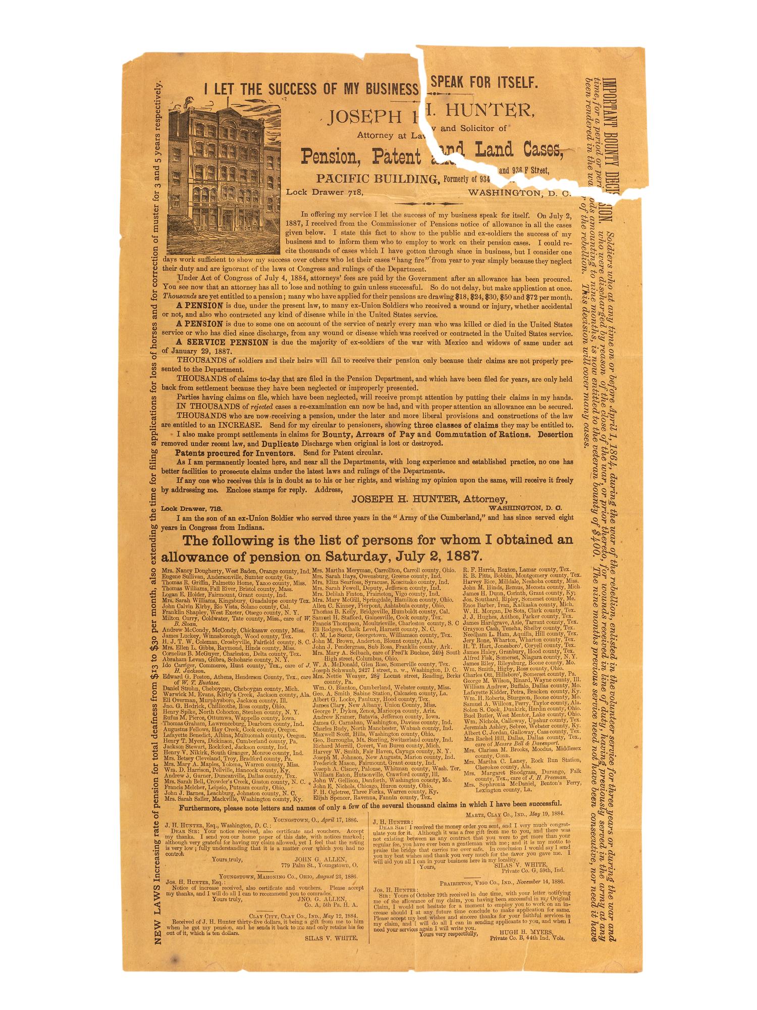[CIVIL WAR]. Post-war broadside regarding Civil War soldiers' pensions. Washington, DC: 1887.