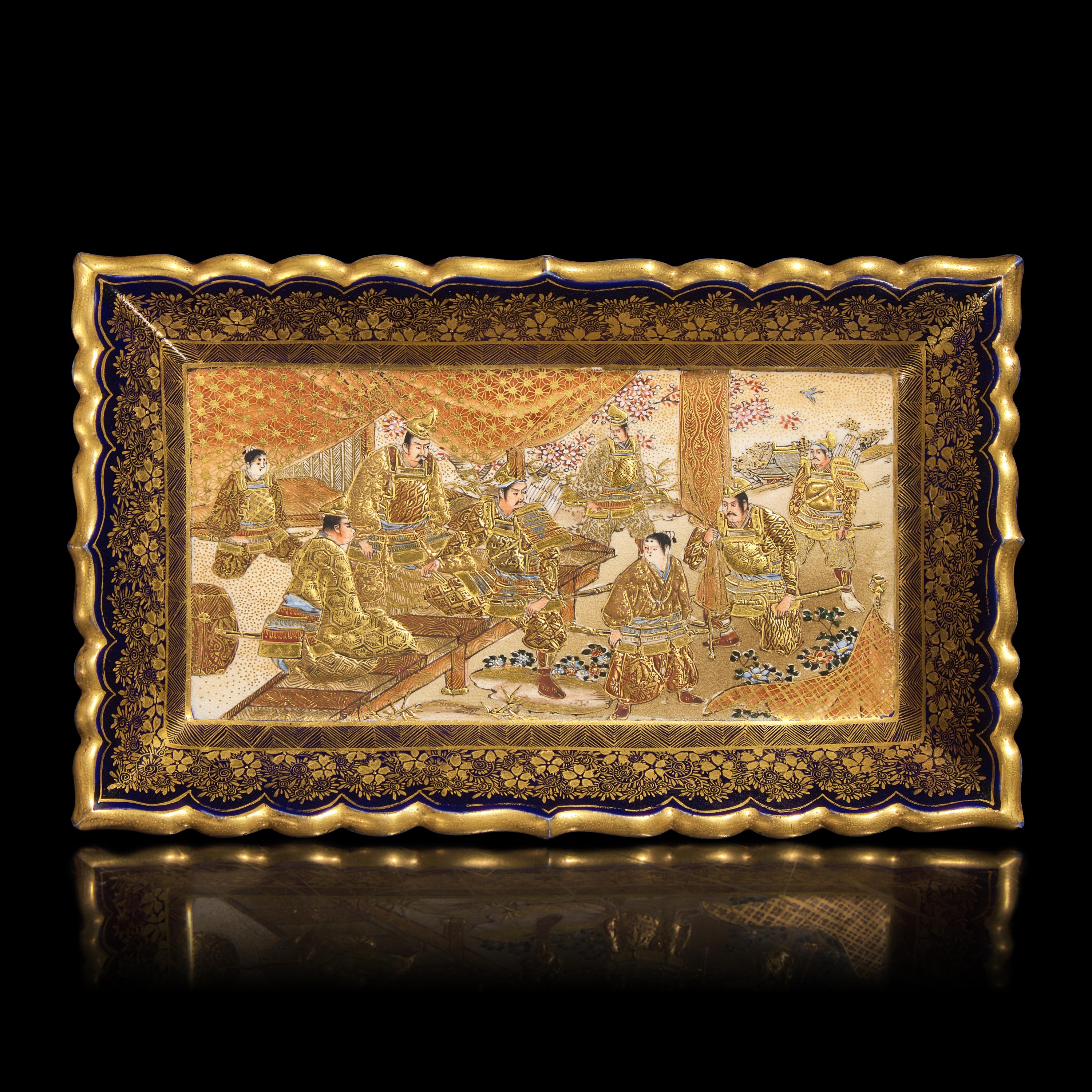 A Japanese Satsuma-Type Rectangular Tray, Kinkozan Studios, Meiji Period — 日本明治時代 錦光山造薩摩燒人物故事圖長方盤