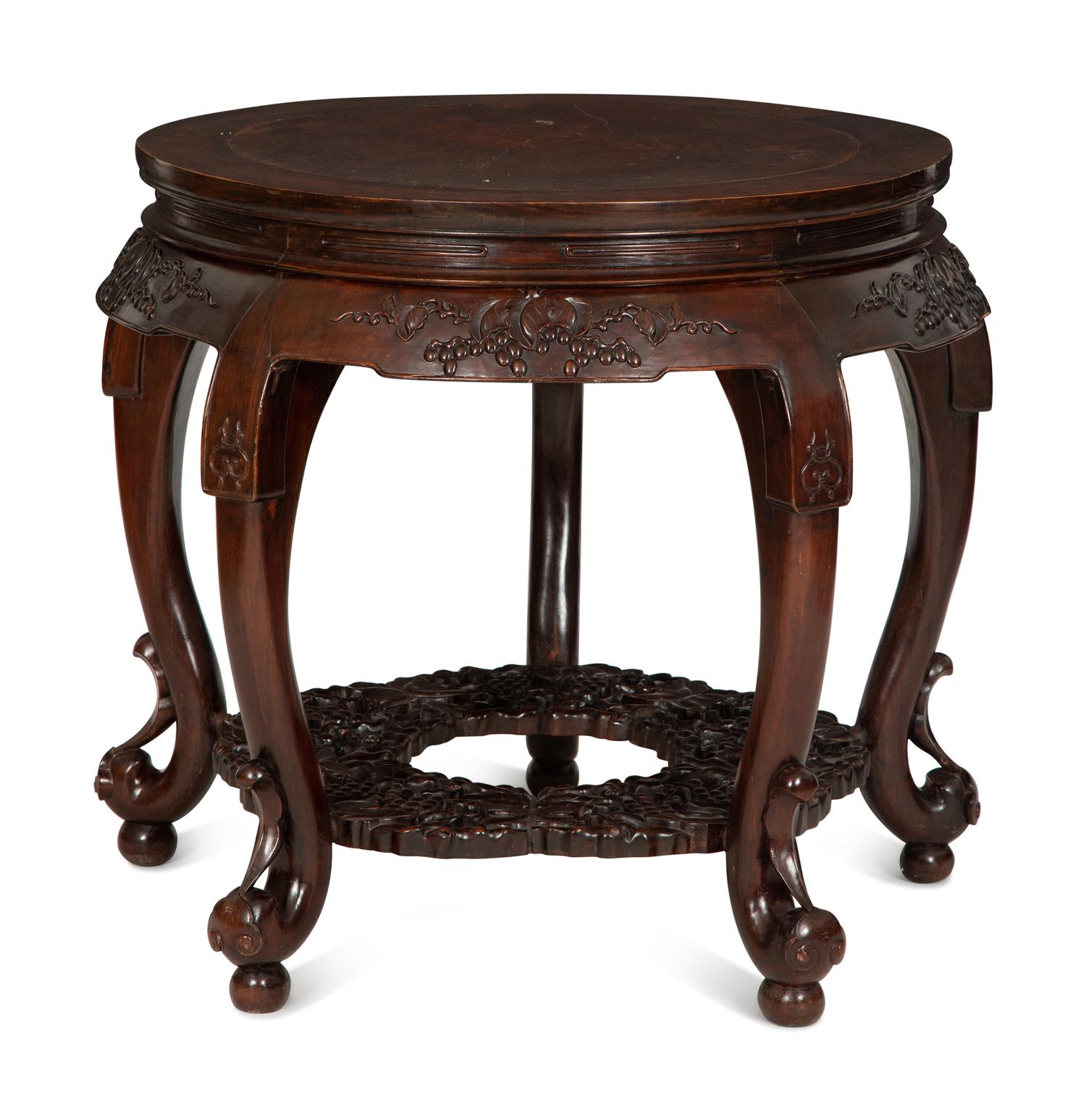 A Chinese Carved Hardwood Center Table and Four Matching Low Stools/Pedestals