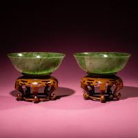 A Pair of Chinese Spinach Jade Bowls, 19th-20th Century — 晚清-民國 碧玉碗一對