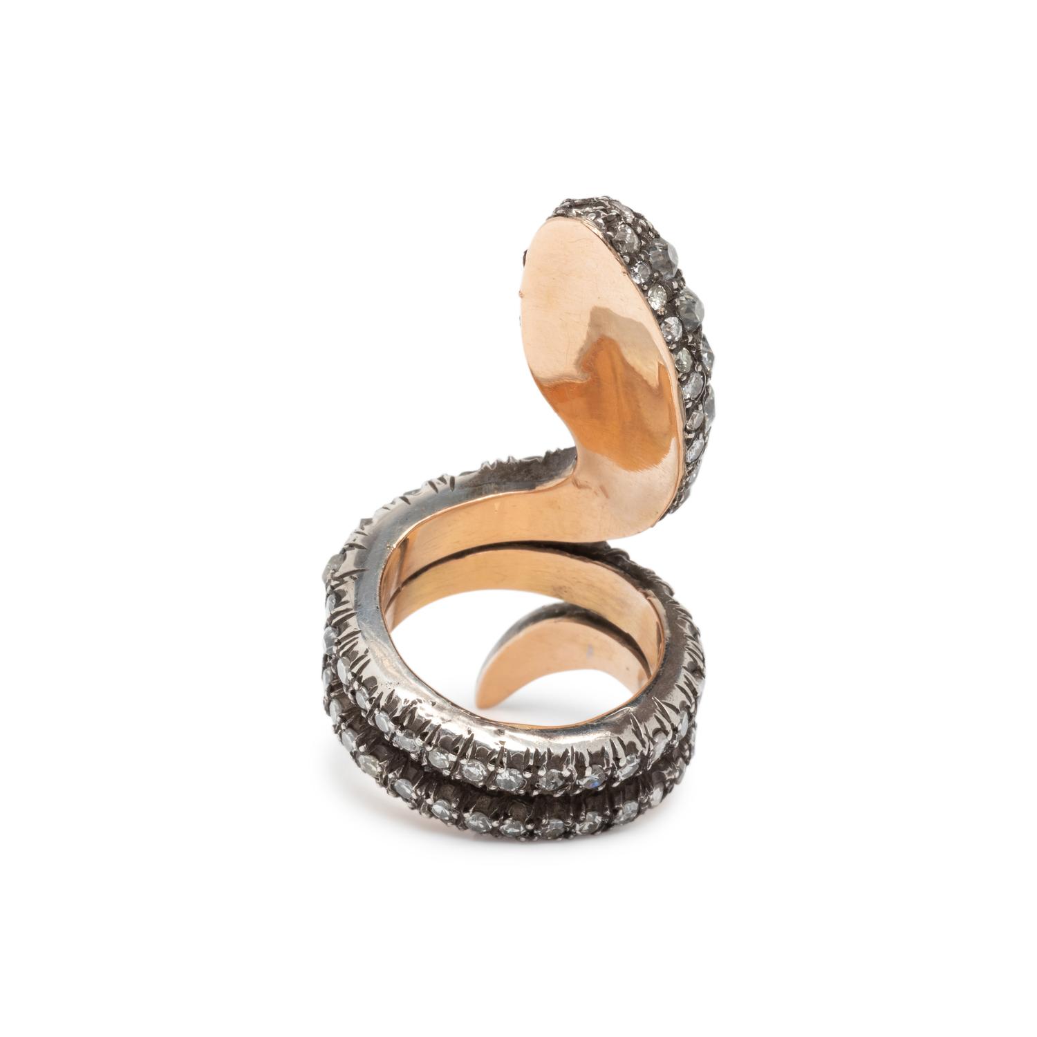 SILVER-TOPPED GOLD, EMERALD AND DIAMOND SNAKE RING