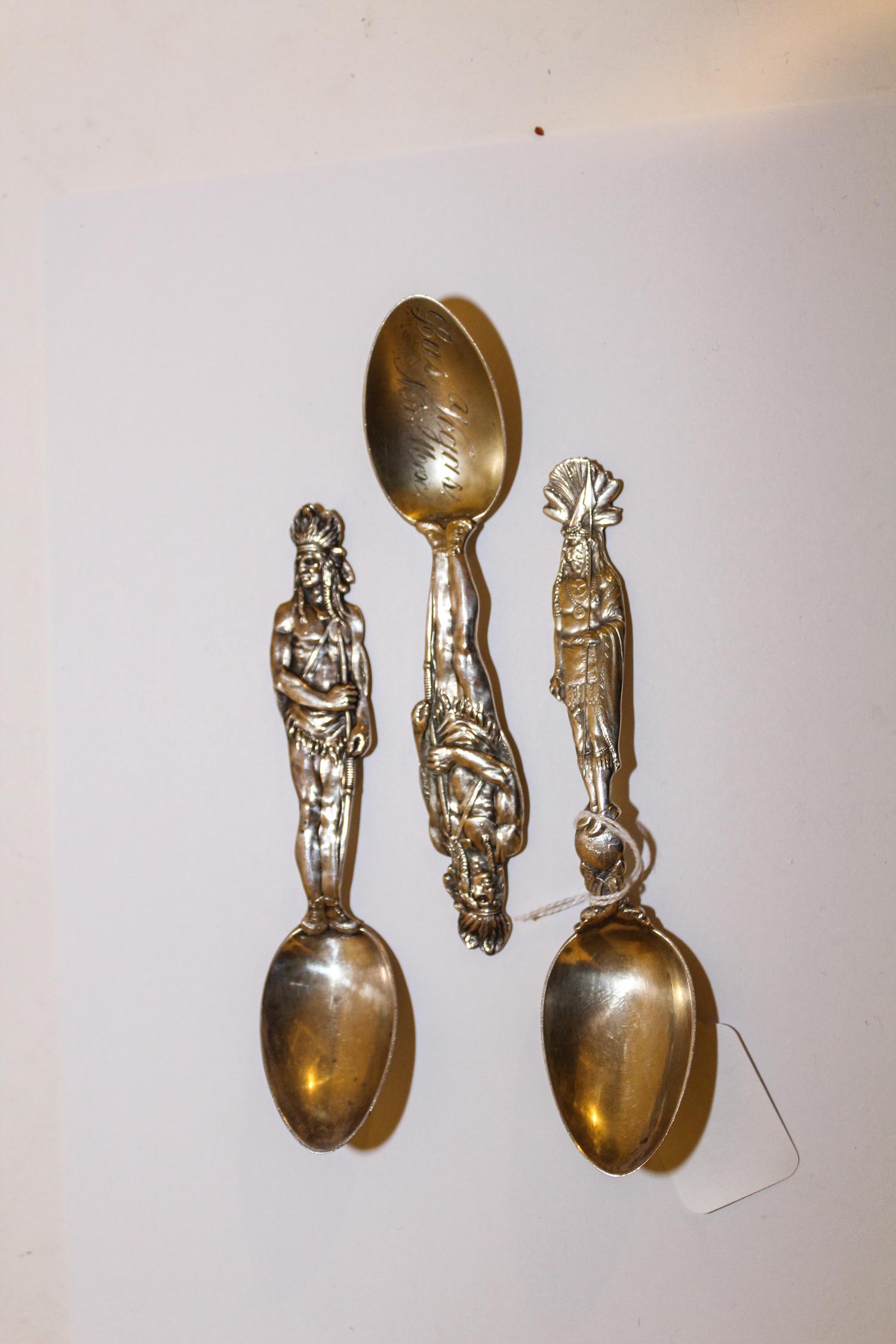 A Group of Three Silver Souvenir Spoons, Various Makers, Early 20th Century, of "Native American" interest.